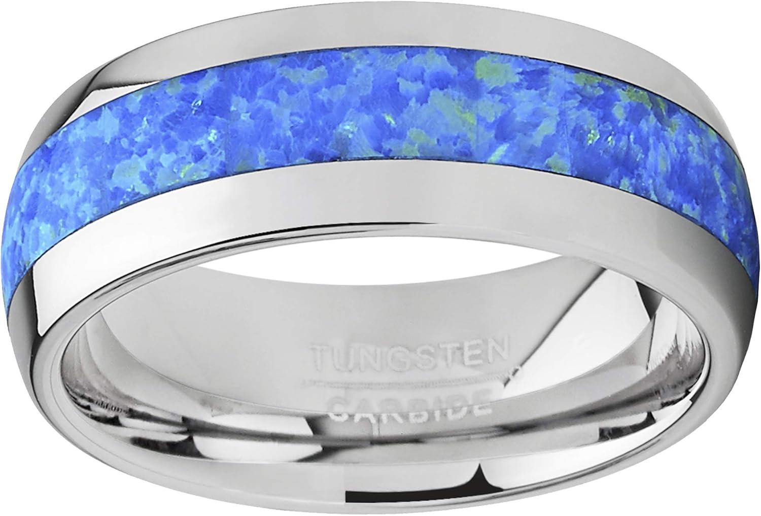 imageMetal Masters Co Tungsten Carbide Wedding Band Dome Ring with Blue Green Simulated Opal Inlay 8mm