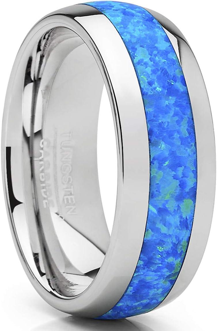 imageMetal Masters Co Tungsten Carbide Wedding Band Dome Ring with Blue Green Simulated Opal Inlay 8mm