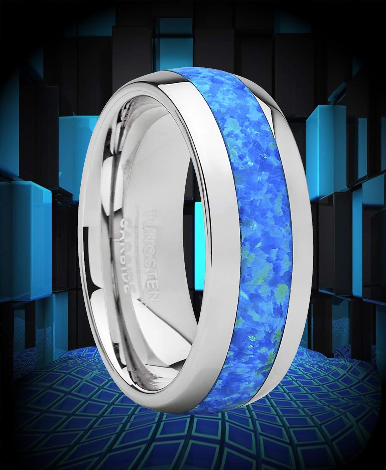 imageMetal Masters Co Tungsten Carbide Wedding Band Dome Ring with Blue Green Simulated Opal Inlay 8mm