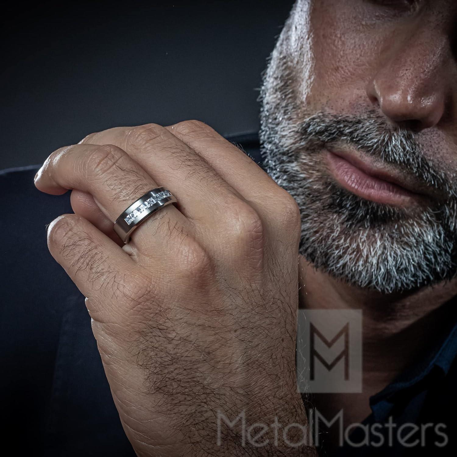 imageMetal Masters Titanium Mens Wedding Band Engagement Ring 9 large Princess Cut 8MM1 Carat Cubic Zirconia