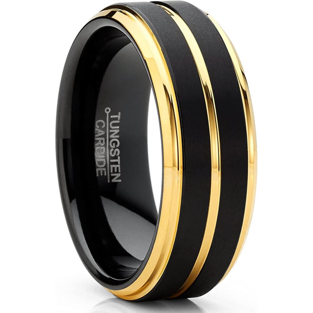 imageMetal Masters Men Tungsten TwoTone Wedding Band Grooved Ring 8MM Black Goldtone SilvertoneGold
