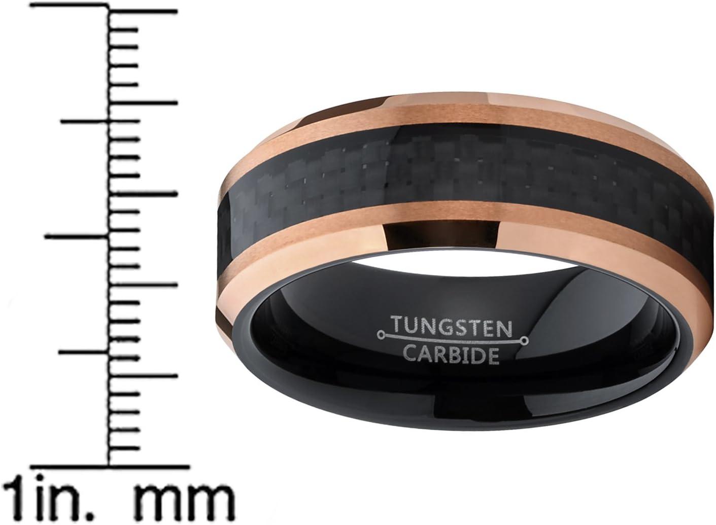 imageMens Tungsten Carbide Black and RoseTone Brushed Wedding Band Engagement Ring Carbon Fiber Inlay 8mm