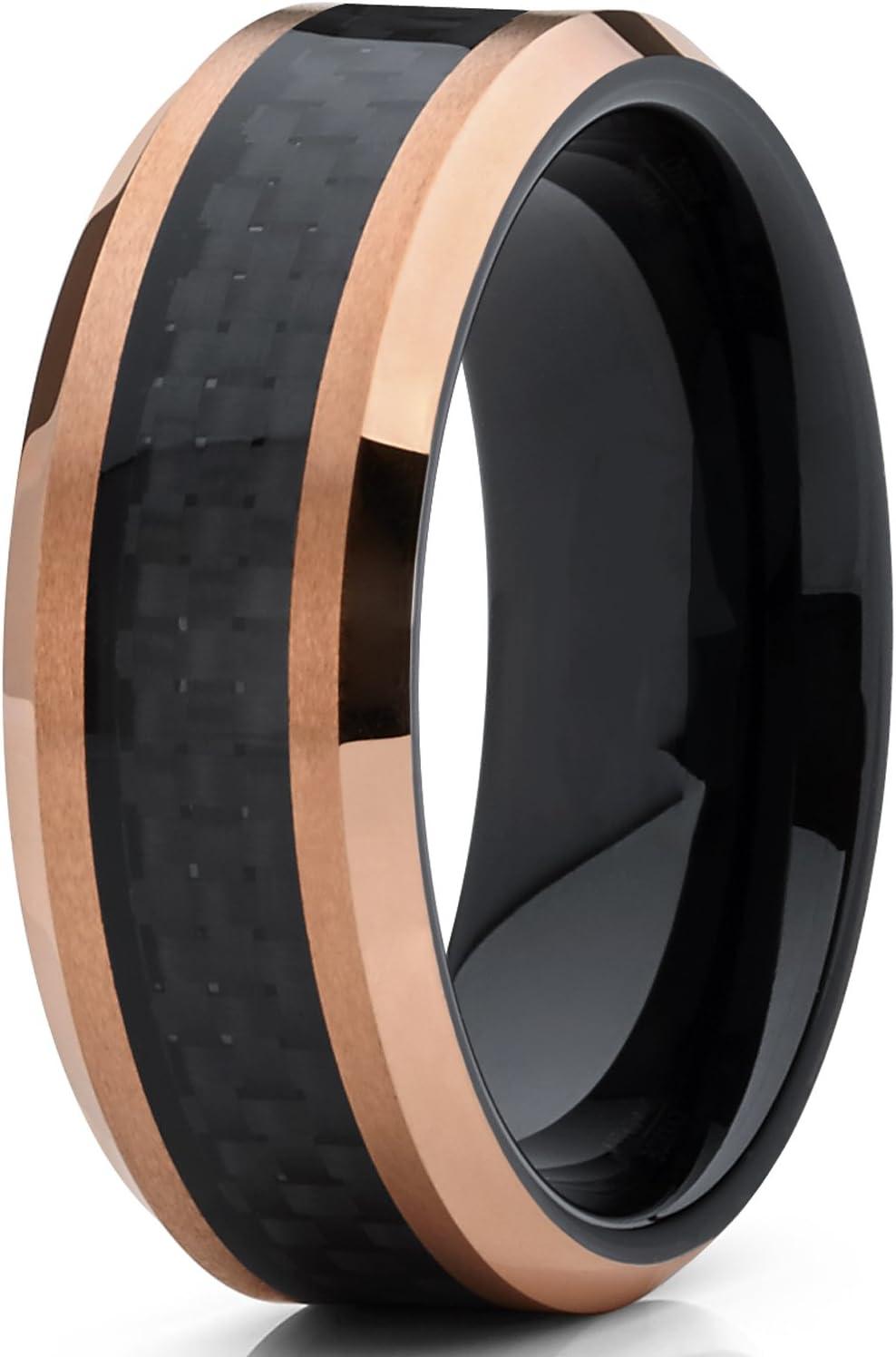 imageMens Tungsten Carbide Black and RoseTone Brushed Wedding Band Engagement Ring Carbon Fiber Inlay 8mm