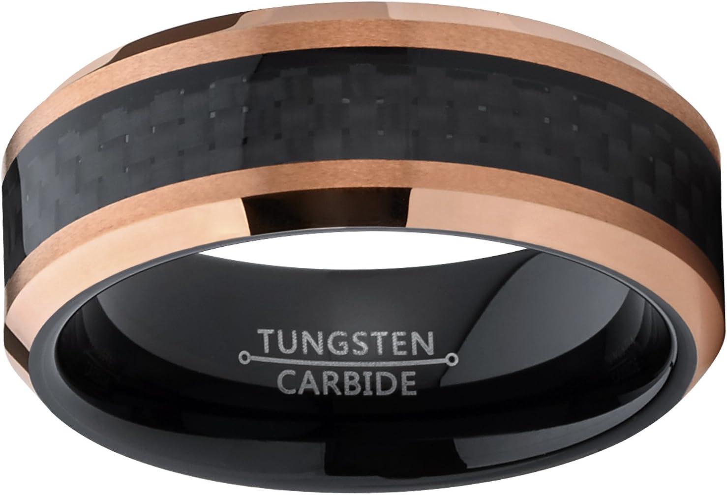 imageMens Tungsten Carbide Black and RoseTone Brushed Wedding Band Engagement Ring Carbon Fiber Inlay 8mm