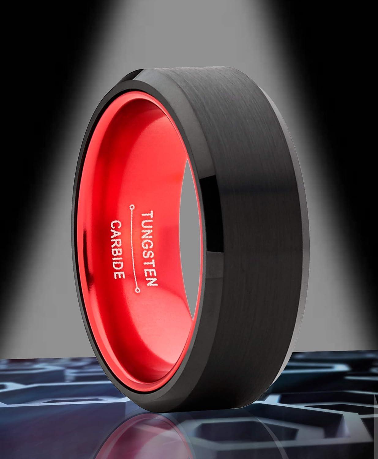imageMetal Masters Co Black Tungsten Wedding Band Mens Womens Unisex Ring Orange Green Red Purple Interior Beveled Edge Brushed 8mmRed