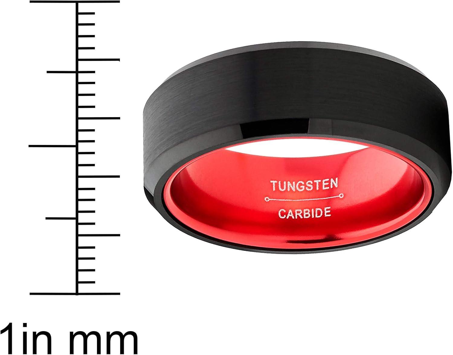 imageMetal Masters Co Black Tungsten Wedding Band Mens Womens Unisex Ring Orange Green Red Purple Interior Beveled Edge Brushed 8mmRed