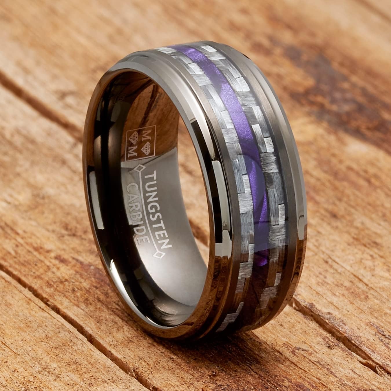 image:imageMetal Masters Co Mens Carbon Fiber Tungsten Carbide Ring Purple Wood Wedding Band 8MM Gunmetal