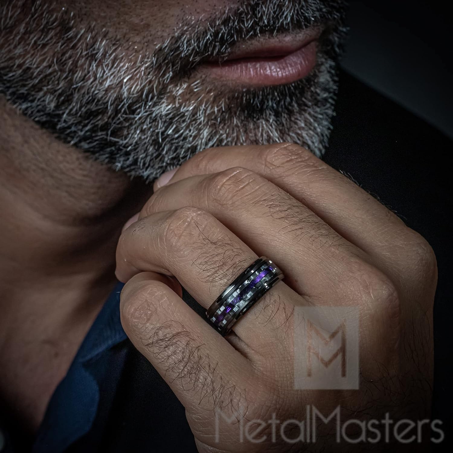 image:imageMetal Masters Co Mens Carbon Fiber Tungsten Carbide Ring Purple Wood Wedding Band 8MM Gunmetal