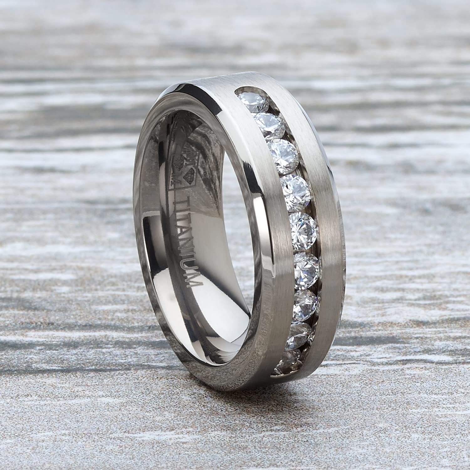 image:imageMetal Masters 8MM Mens Titanium 1Ct Ring Wedding Band 9 large ChannelSet Cubic Zirconia CZ