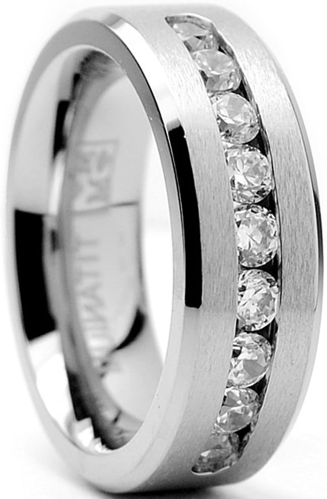 image:imageMetal Masters 8MM Mens Titanium 1Ct Ring Wedding Band 9 large ChannelSet Cubic Zirconia CZ