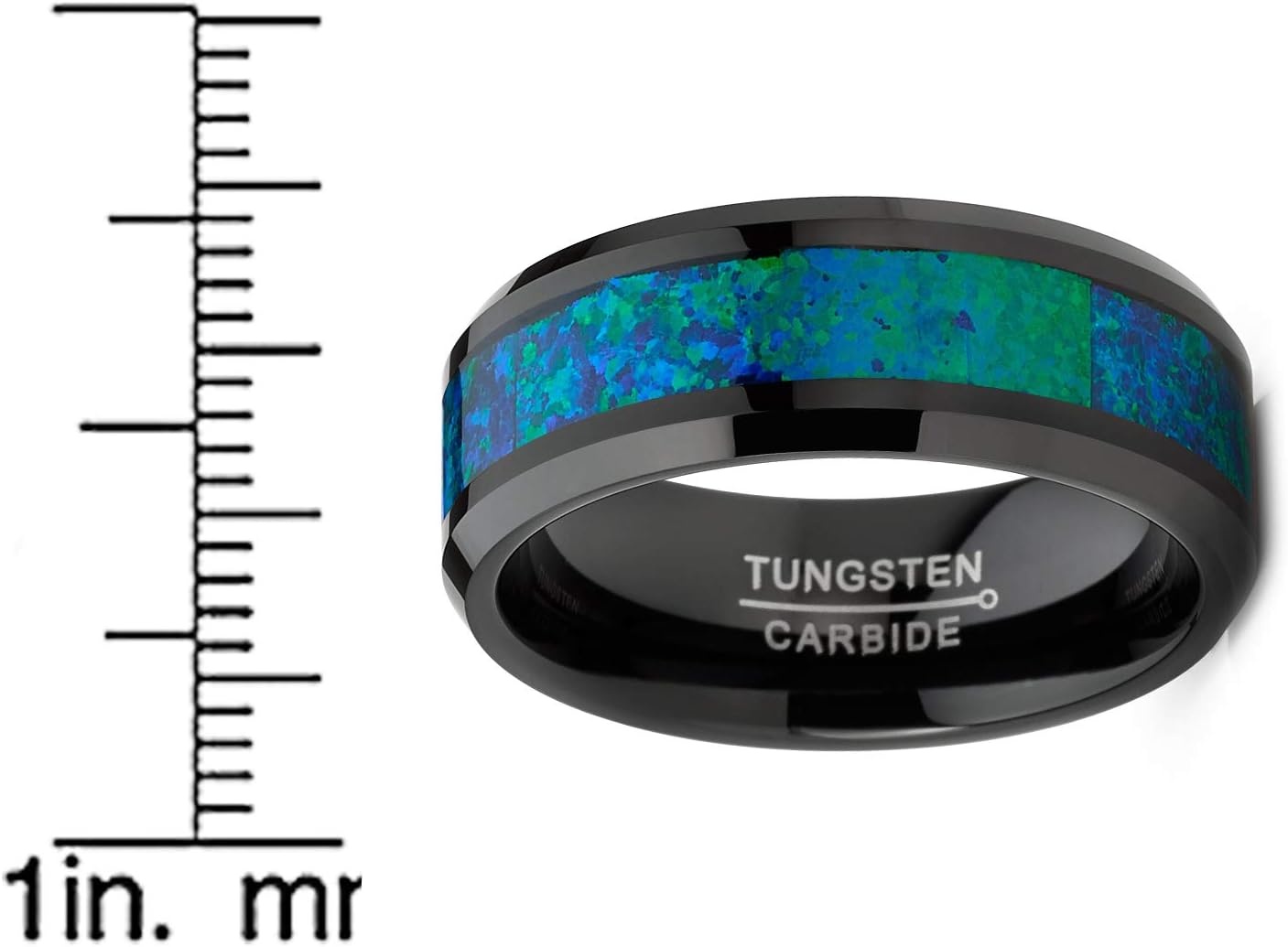 image:imageMetal Masters CO Mens Black Tungsten Carbide Wedding Band Ring Blue Green Simulated Crushed Opal 8MM ComfortFit
