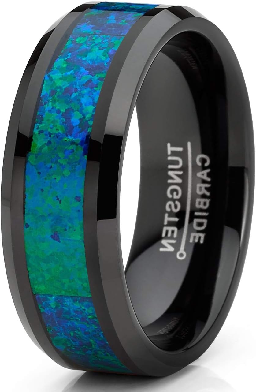 image:imageMetal Masters CO Mens Black Tungsten Carbide Wedding Band Ring Blue Green Simulated Crushed Opal 8MM ComfortFit