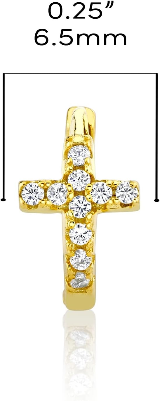 image:imageMetal Masters Co 925 Sterling Silver Cross Goldtone Huggie Hoop Earrings Round CZ Pav 65MMGold