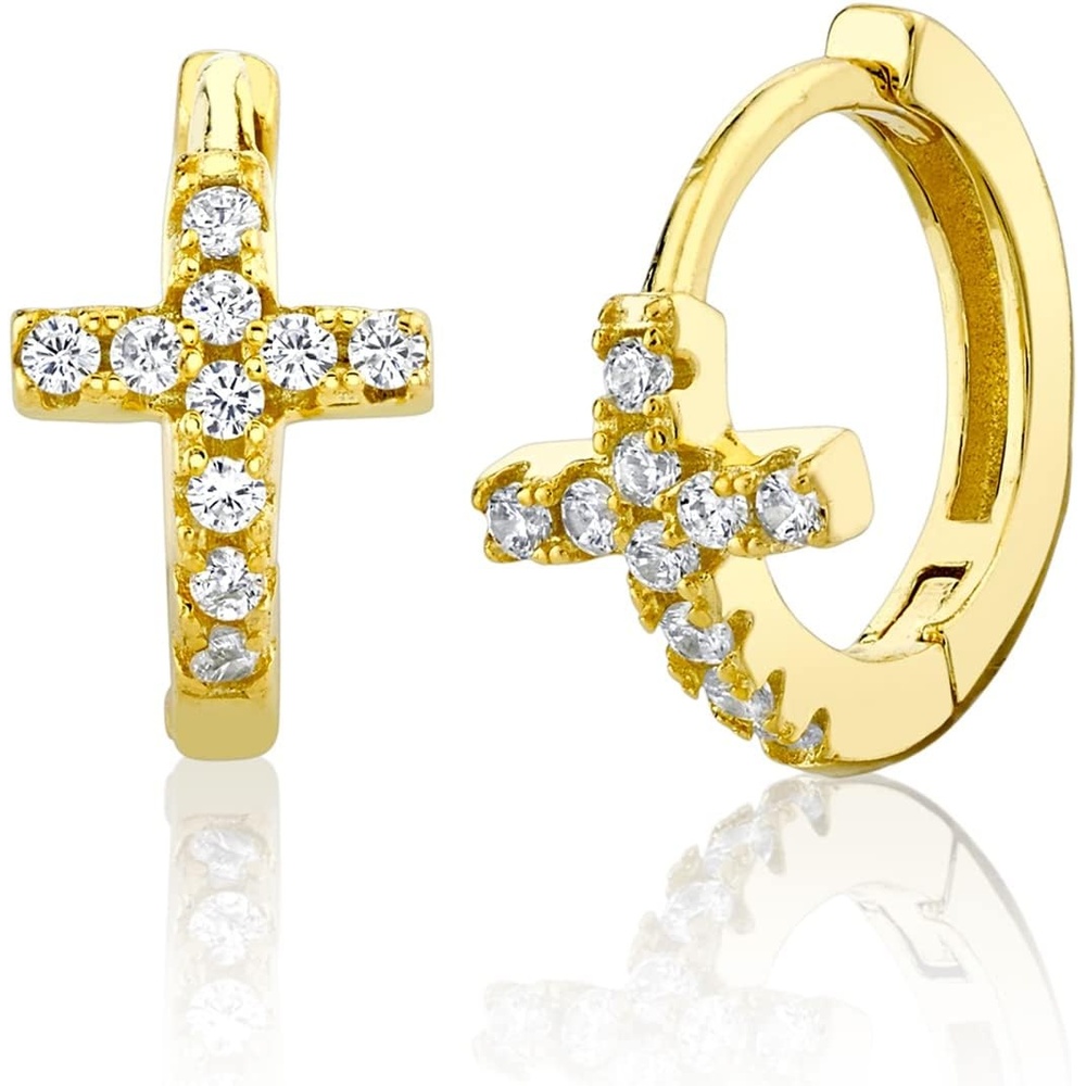 image:imageMetal Masters Co 925 Sterling Silver Cross Goldtone Huggie Hoop Earrings Round CZ Pav 65MMGold