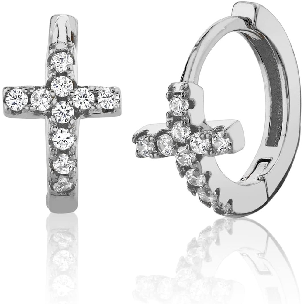 image:imageMetal Masters Co 925 Sterling Silver Cross Goldtone Huggie Hoop Earrings Round CZ Pav 65MMSilver