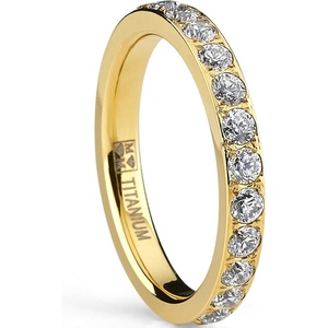 Metal Masters 3MM Women’s Goldtone Plated Titanium Eternity Ring, Wedding Band with Pave Set Cubic Zirconia