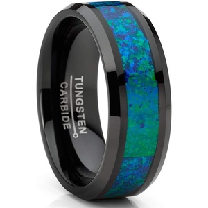 Metal Masters CO. Men’s Black Tungsten Carbide Wedding Band Ring Blue Green Simulated Crushed Opal 8MM Comfort-Fit
