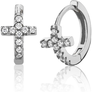 Metal Masters Co. 925 Sterling Silver Cross Goldtone Huggie Hoop Earrings Round CZ Pavé 6.5MM(Silver)