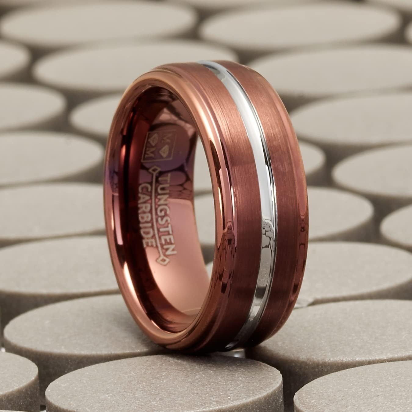 image:imageMetal Masters Co Mens Chocolate Brown Tungsten Carbide Ring Silvertone Grooved Wedding Band 8MM
