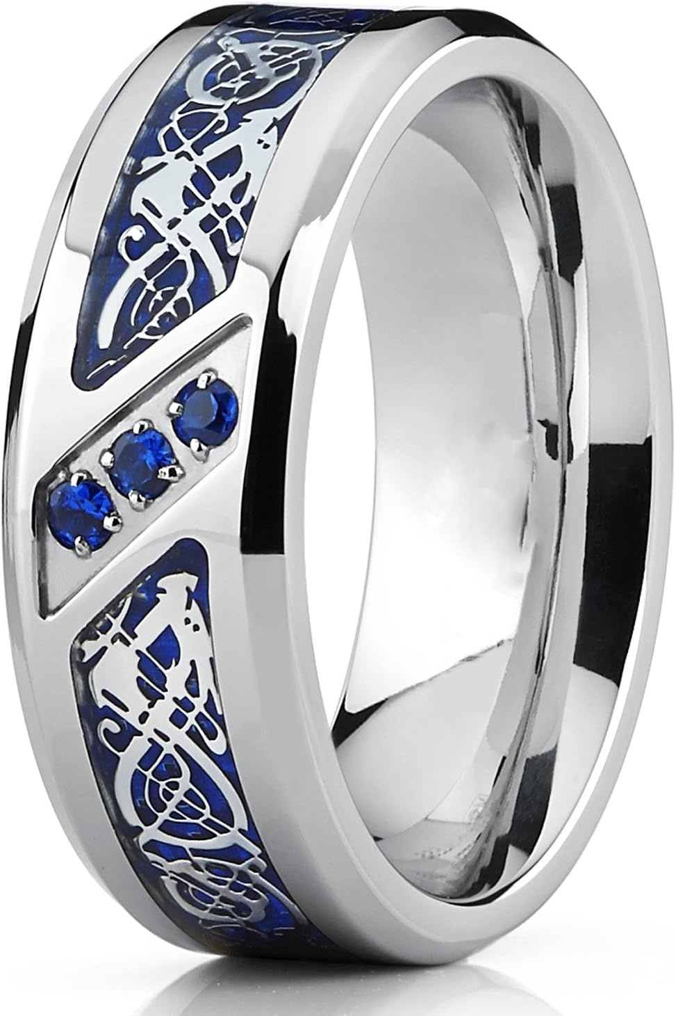 image:imageMetal Masters Mens Titanium Wedding Ring Band with Dragon Design Over Blue Carbon Fiber Inlay and Blue Cubic Zirconia SZ 105