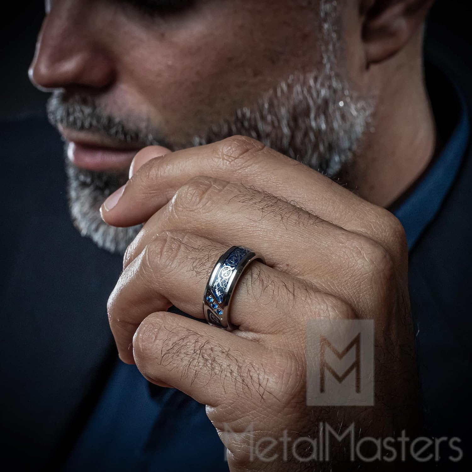 image:imageMetal Masters Mens Titanium Wedding Ring Band with Dragon Design Over Blue Carbon Fiber Inlay and Blue Cubic Zirconia SZ 105