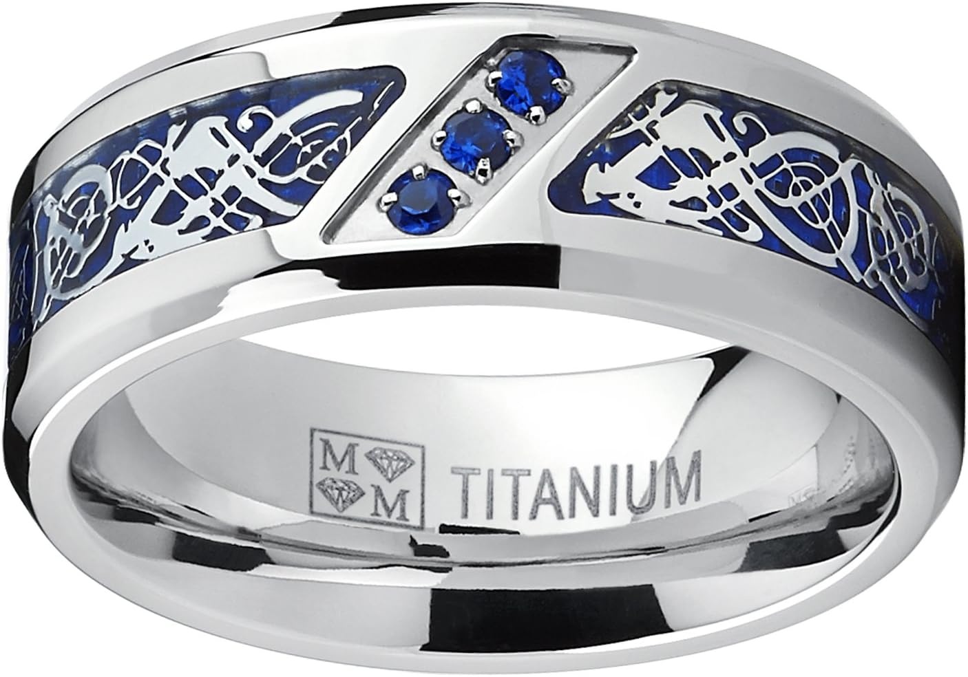 image:imageMetal Masters Mens Titanium Wedding Ring Band with Dragon Design Over Blue Carbon Fiber Inlay and Blue Cubic Zirconia SZ 105