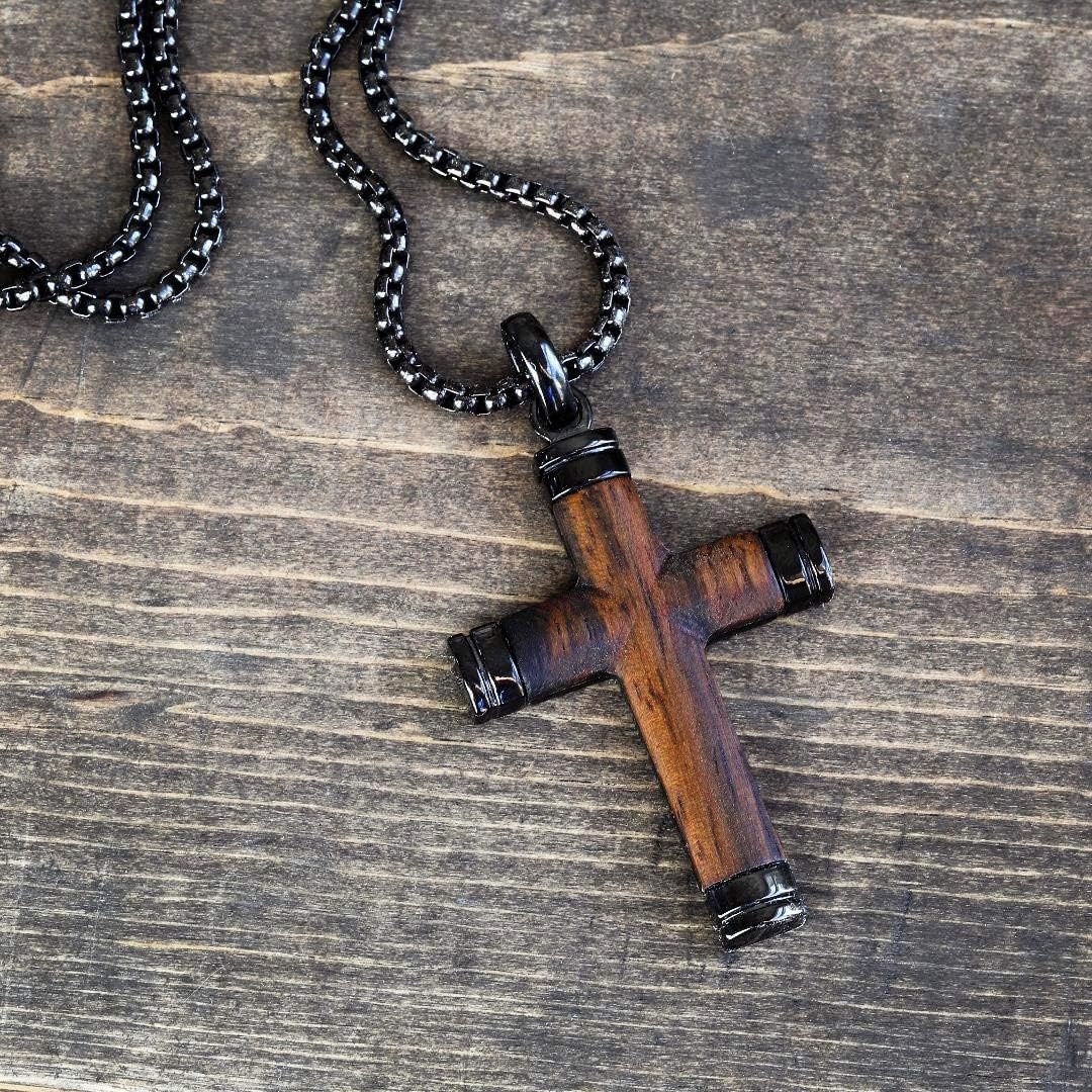 image:imageMetal Masters Wood Cross Pendant Necklace Stainless Steel with 24 inch ChainBlack Brown