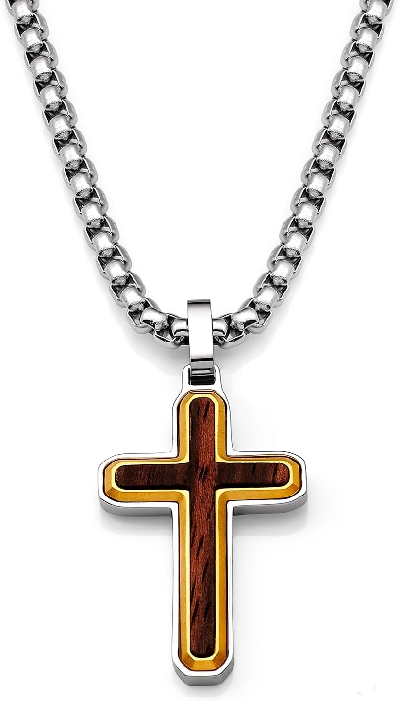 image:imageMetal Masters Wood Cross Pendant Necklace Stainless Steel with 24 inch ChainBrown