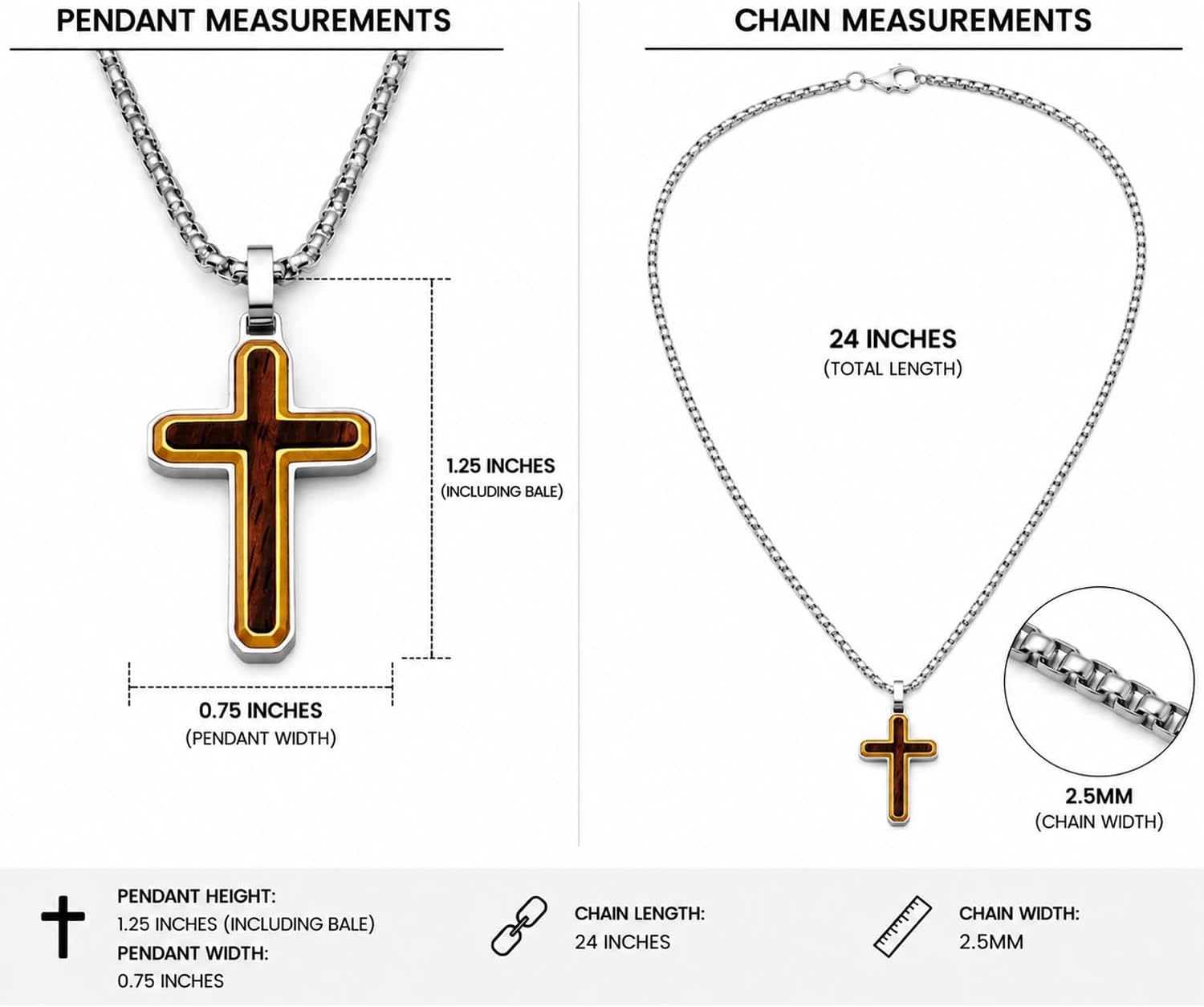 image:imageMetal Masters Wood Cross Pendant Necklace Stainless Steel with 24 inch ChainBrown