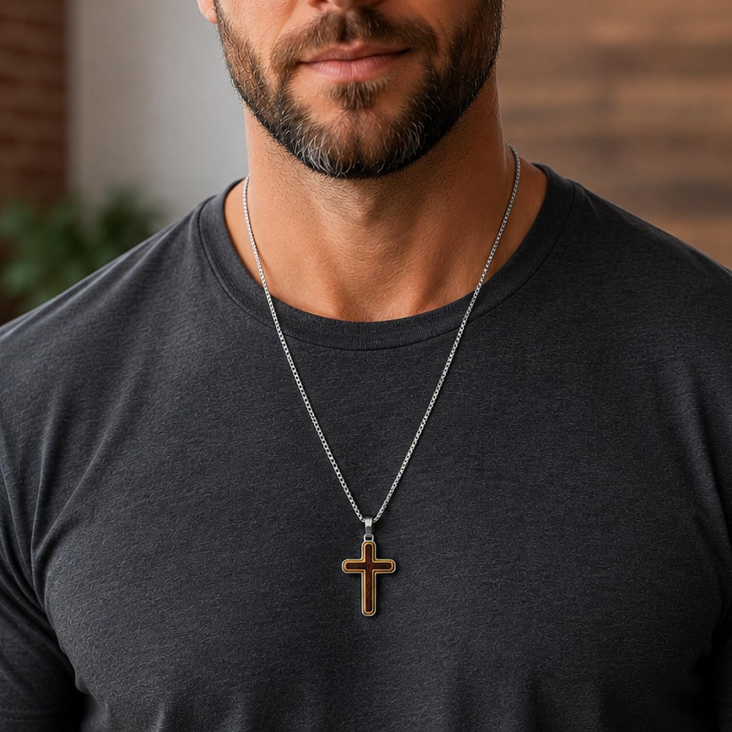 image:imageMetal Masters Wood Cross Pendant Necklace Stainless Steel with 24 inch ChainBrown