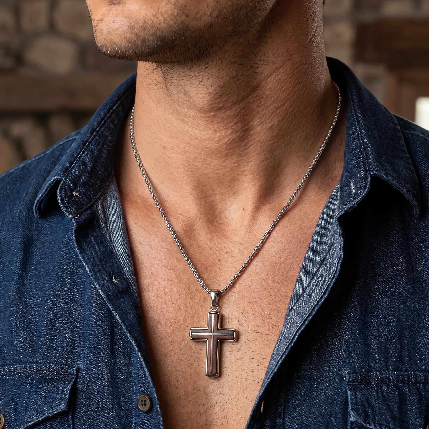 image:imageMetal Masters Wood Cross Pendant Necklace Stainless Steel with 24 inch ChainGoldtone