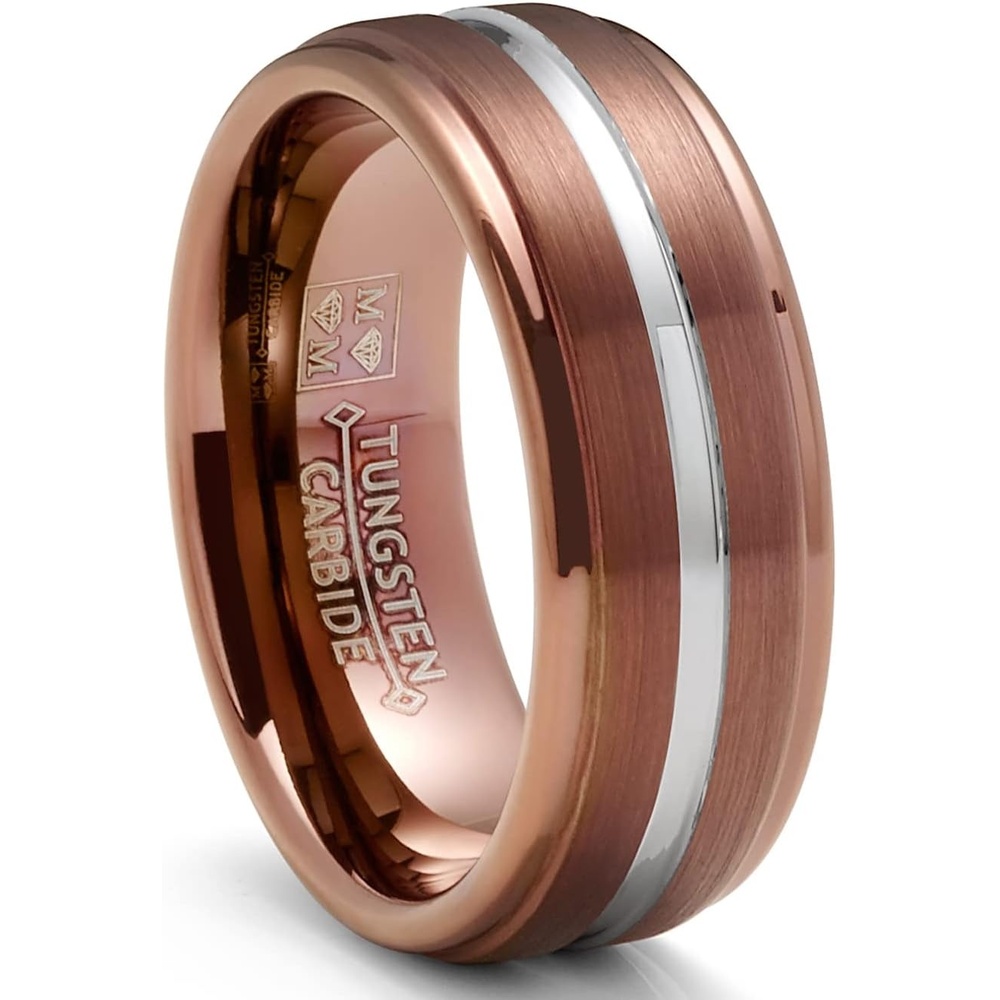 image:imageMetal Masters Co Mens Chocolate Brown Tungsten Carbide Ring Silvertone Grooved Wedding Band 8MM