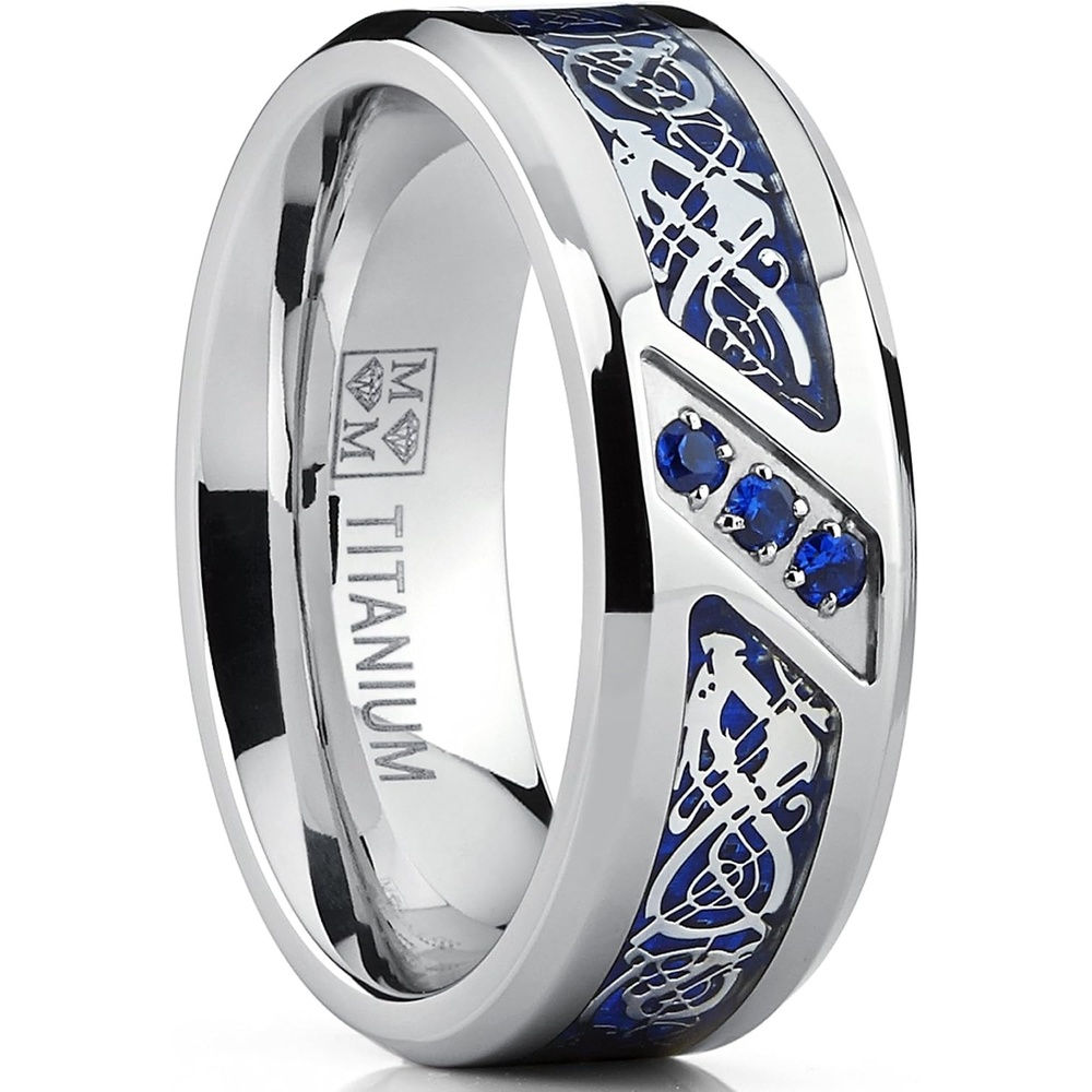 image:imageMetal Masters Mens Titanium Wedding Ring Band with Dragon Design Over Blue Carbon Fiber Inlay and Blue Cubic Zirconia SZ 105