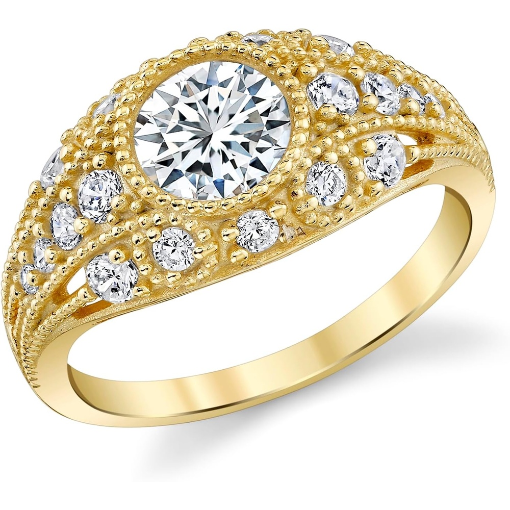 image:imageMetal Masters Womens 175 Carat Oval Moissanite Engagement Band Ring 18K Gold Plated Edwardian Milgrain Contoured Carved Ring18K Gold Plated