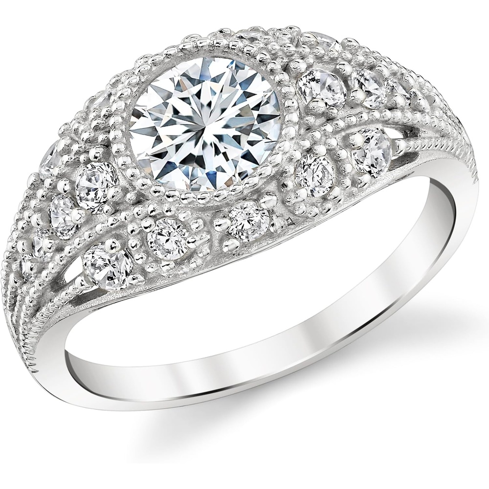 image:imageMetal Masters Womens 175 Carat Oval Moissanite Engagement Band Ring 18K Gold Plated Edwardian Milgrain Contoured Carved Ring18K White Gold Plated
