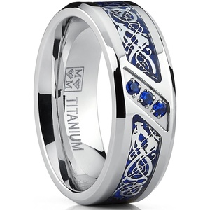 Metal Masters Men’s Titanium Wedding Ring Band with Dragon Design Over Blue Carbon Fiber Inlay and Blue Cubic Zirconia SZ 10.5