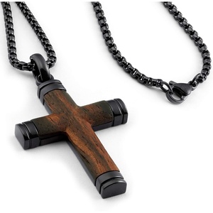 Metal Masters Wood Cross Pendant Necklace Stainless Steel with 24 inch Chain(Black Brown)