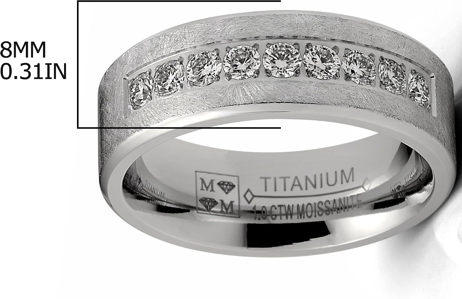 image:imageMetal Masters 1 Carat Moissanite Mens Wedding Band Frosted Ice Ring 9 PavSet Stones 8MM VVS DColor
