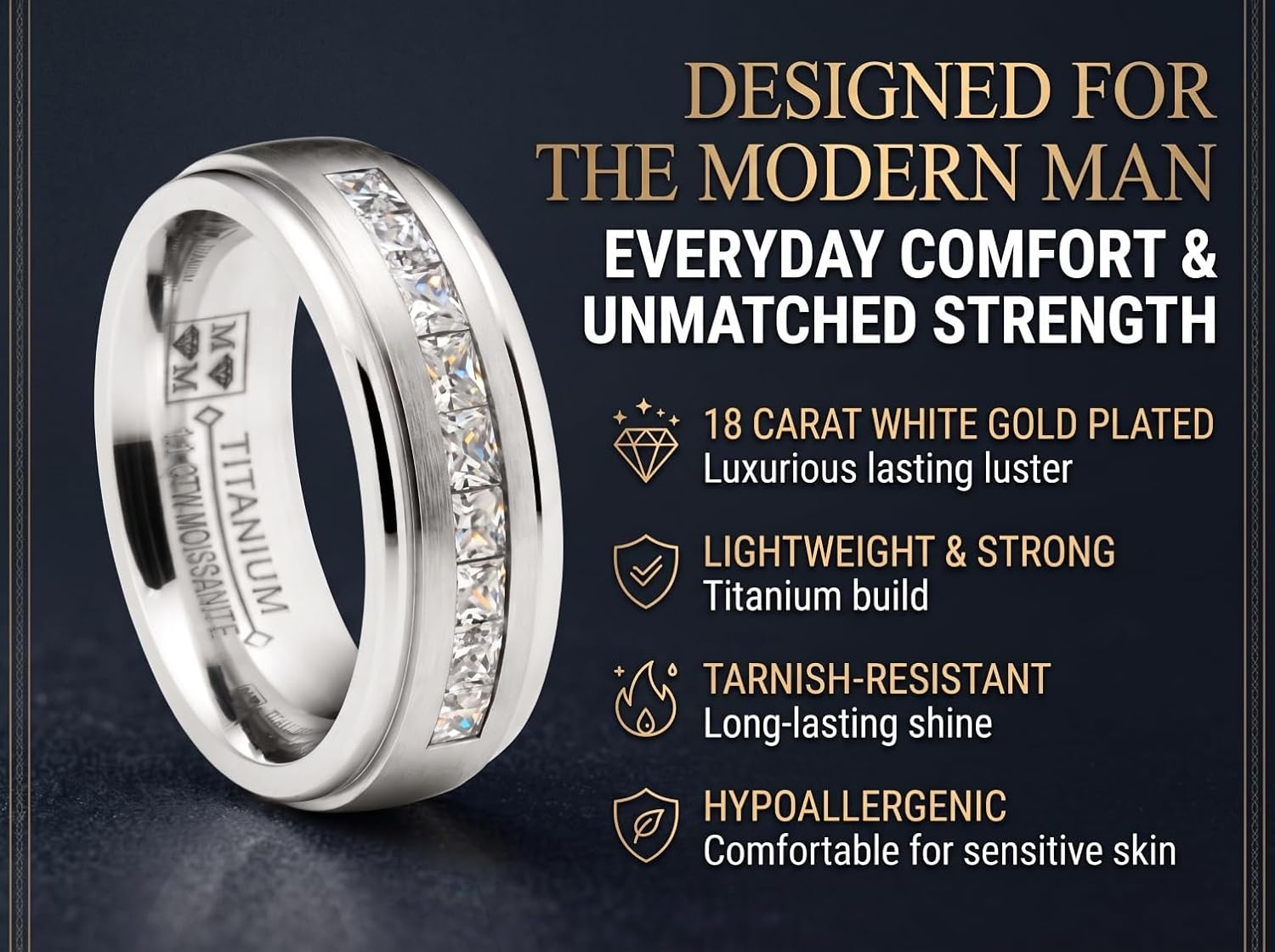 image:imageMetal Masters 110 Ct Moissanite Mens Wedding Band 18K White Gold Plated Engagement Ring VVS DColor 7MM