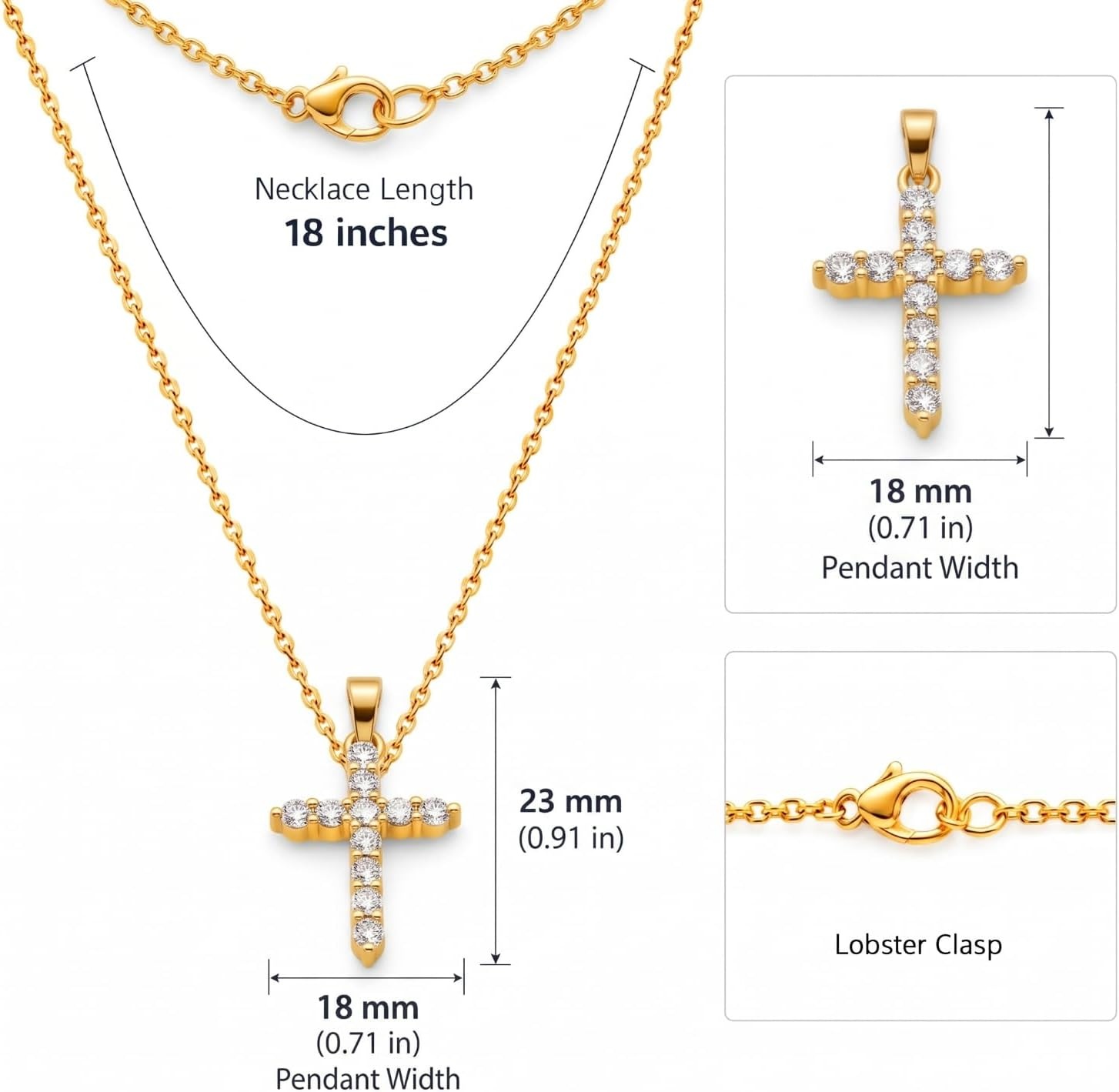 image:imageMetal Masters 14K Gold Plated Cross Faith Pendant Necklace Cubic Zirconia for Women with Adjustable 16 to 18 in Chain