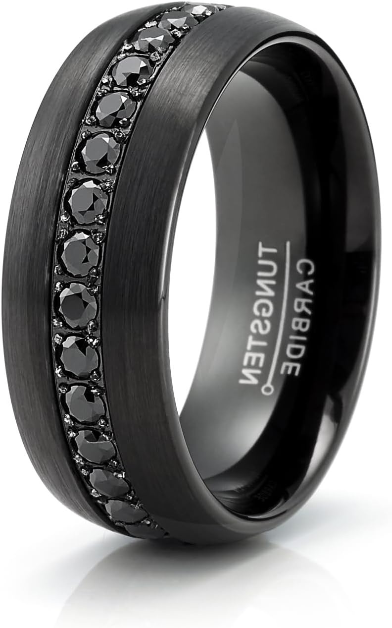 image:imageMetal Masters CO Tungsten Carbide Mens Ring Wedding Band Black Round 17Ct SImulated DIamond CZ Cubic Zirconia 8MM ComfortFit Black