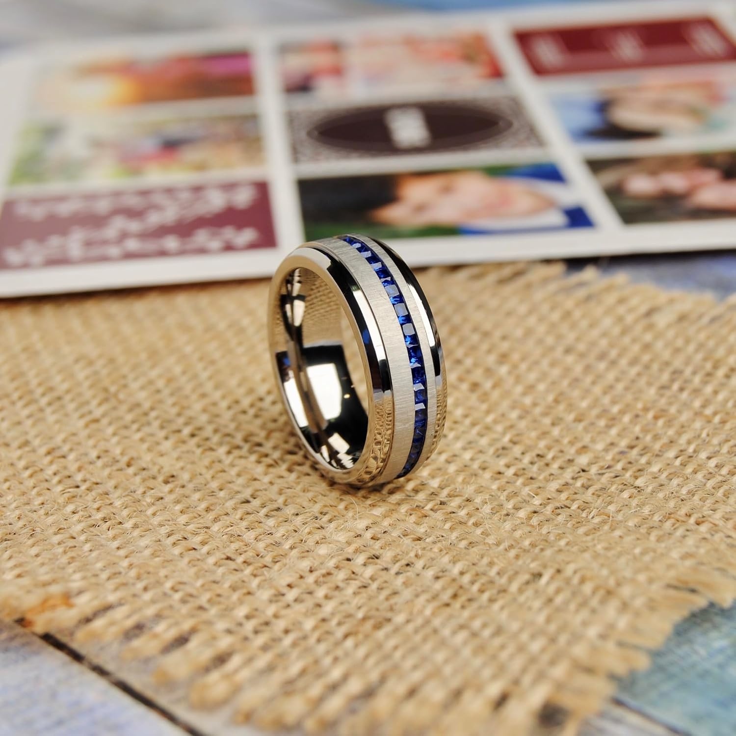 image:imageMetal Masters Mens 24Ct Eternity Titanium Wedding Band Engagement Ring Blue Simulated Sapphire Cubic Zirconia Princess