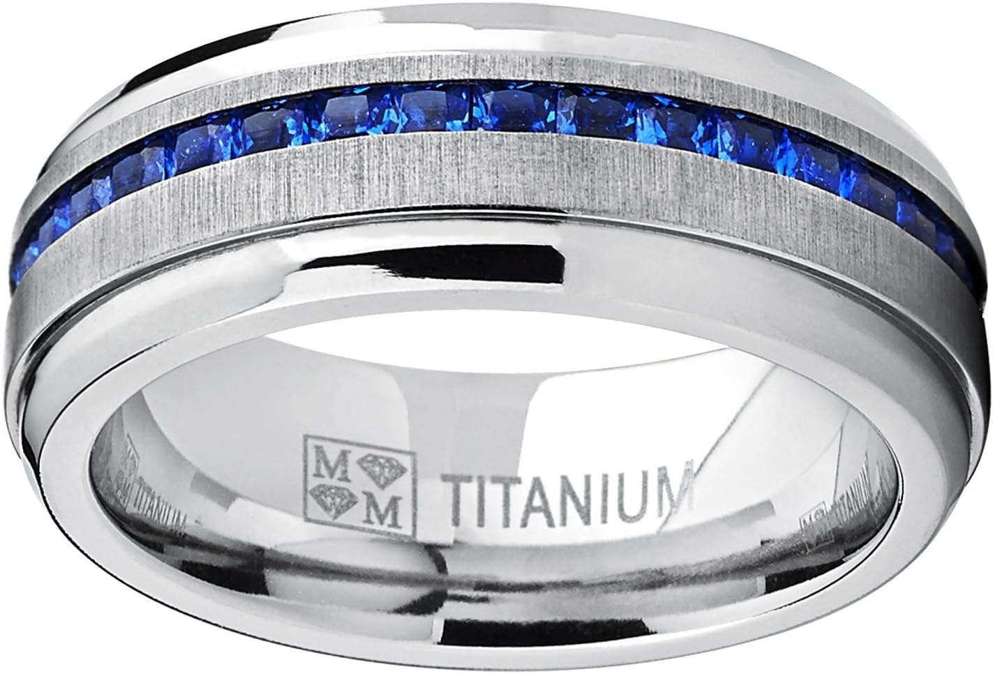 image:imageMetal Masters Mens 24Ct Eternity Titanium Wedding Band Engagement Ring Blue Simulated Sapphire Cubic Zirconia Princess