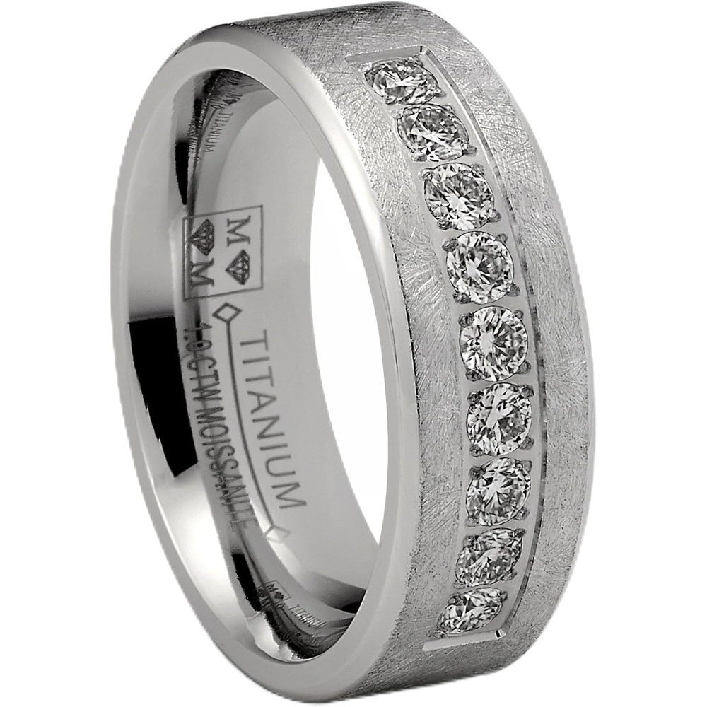 image:imageMetal Masters 1 Carat Moissanite Mens Wedding Band Frosted Ice Ring 9 PavSet Stones 8MM VVS DColor