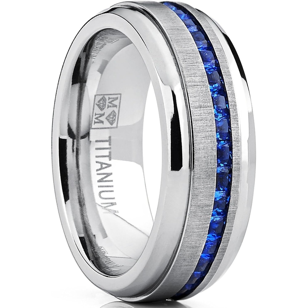 image:imageMetal Masters Mens 24Ct Eternity Titanium Wedding Band Engagement Ring Blue Simulated Sapphire Cubic Zirconia Princess
