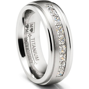 Metal Masters 1.10 Ct. Moissanite Mens Wedding Band 18K White Gold Plated Engagement Ring VVS D-Color 7MM