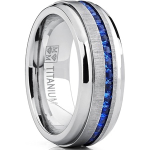 Metal Masters Men’s 2.4Ct Eternity Titanium Wedding Band Engagement Ring Blue Simulated Sapphire Cubic Zirconia Princess